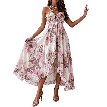 Women Spaghetti Strap V Neck Floral Maxi Dress Ruffle High Low Hem Flowy Chiffon Vacation Sundress