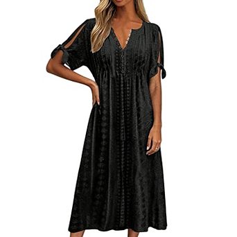 Women Split Sleeve Eyelet Embroidery Midi Dress V Neck Elastic Waist Flowy A Line Casual Dress