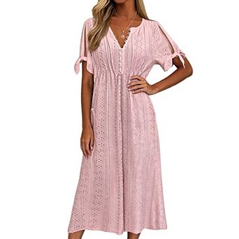 Women Split Sleeve Eyelet Embroidery Midi Dress V Neck Elastic Waist Flowy A Line Casual Dress