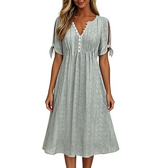 Women Split Sleeve Eyelet Embroidery Midi Dress V Neck Elastic Waist Flowy A Line Casual Dress