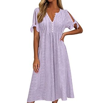 Women Split Sleeve Eyelet Embroidery Midi Dress V Neck Elastic Waist Flowy A Line Casual Dress