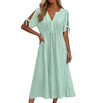 Women Split Sleeve Eyelet Embroidery Midi Dress V Neck Elastic Waist Flowy A Line Casual Dress
