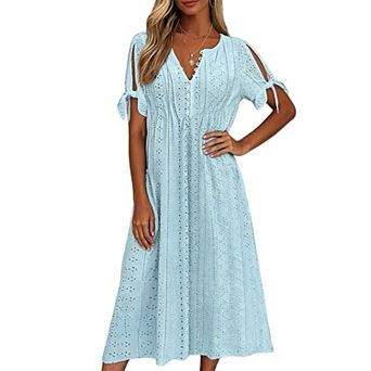 Women Split Sleeve Eyelet Embroidery Midi Dress V Neck Elastic Waist Flowy A Line Casual Dress