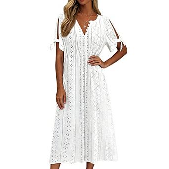 Women Split Sleeve Eyelet Embroidery Midi Dress V Neck Elastic Waist Flowy A Line Casual Dress
