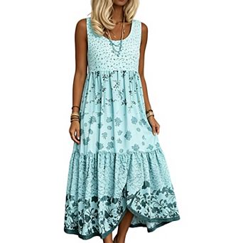 Women Scoop Neck Sleeveless Midi Dress Mixed Floral Print Tiered Flowy A Line Casual Sundress