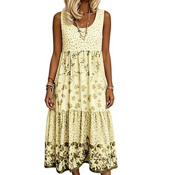 Women Scoop Neck Sleeveless Midi Dress Mixed Floral Print Tiered Flowy A Line Casual Sundress
