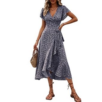 Women Wrap V Neck Flutter Sleeve Midi Dress Ditsy Floral Print Ruffle High Low A Line Sundress