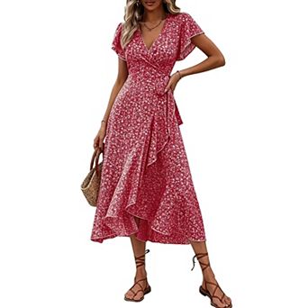 Women Wrap V Neck Flutter Sleeve Midi Dress Ditsy Floral Print Ruffle High Low A Line Sundress