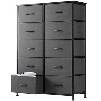 YIORTWO Tall Fabric Dresser Storage Tower with Wooden Top and 10 Drawers
