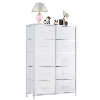 YIORTWO Tall Fabric Dresser Storage Tower with Wooden Top and 10 Drawers
