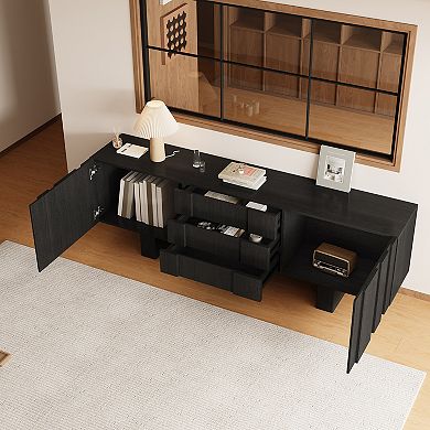 71 Inch Black Fluted Wood TV Stand Storage Sideboard