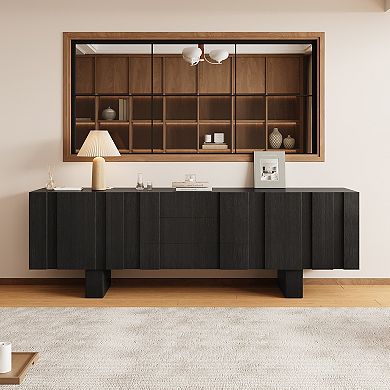 71 Inch Black Fluted Wood TV Stand Storage Sideboard