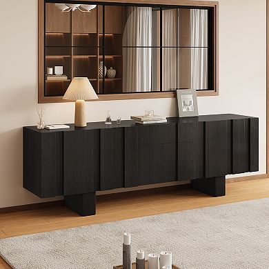 71 Inch Black Fluted Wood TV Stand Storage Sideboard