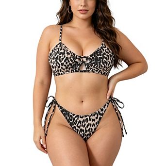 Women's Leopard Print Bikini Set - Lace-Up Cutout Top with Side Tie Bottom Swimwear