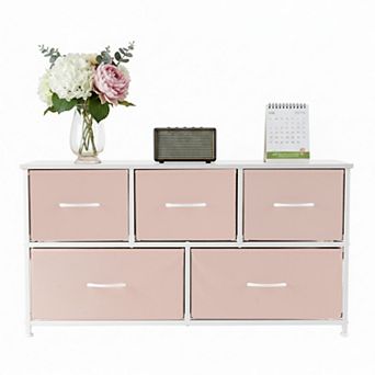 YIORTWO 5 Drawer Fabric Dresser Storage Cabinet with Wooden Top