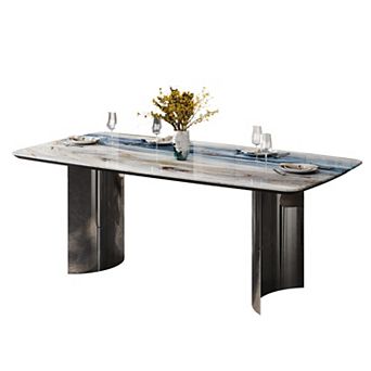 63" Rectangular Sintered Stone Dining Table, Modern Polished Metal Double Pedestal Dinner