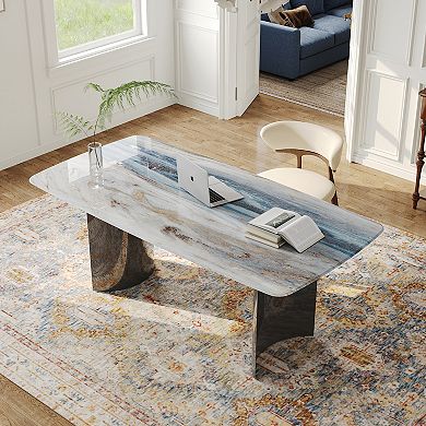 63" Rectangular Sintered Stone Dining Table, Modern Polished Metal Double Pedestal Dinner