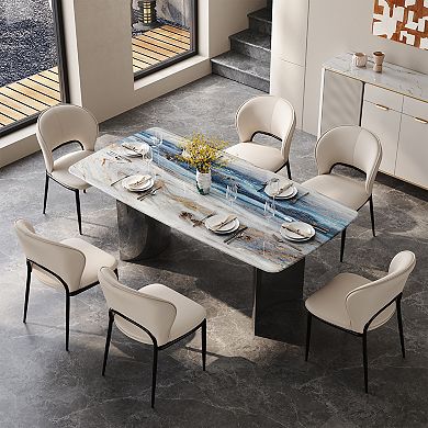 63" Rectangular Sintered Stone Dining Table, Modern Polished Metal Double Pedestal Dinner