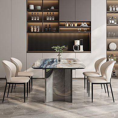 63" Rectangular Sintered Stone Dining Table, Modern Polished Metal Double Pedestal Dinner