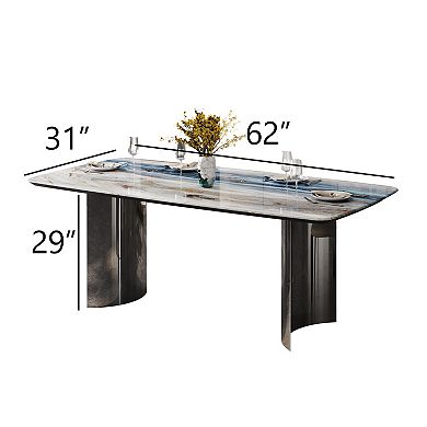 63" Rectangular Sintered Stone Dining Table, Modern Polished Metal Double Pedestal Dinner