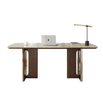 63"Cream Beige Sintered Stone Top Dining Table, Wood Metal Composite T-Leg Rectangular Dinner Table