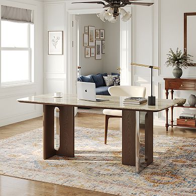 63"Cream Beige Sintered Stone Top Dining Table, Wood Metal Composite T-Leg Rectangular Dinner Table