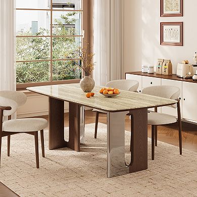 63"Cream Beige Sintered Stone Top Dining Table, Wood Metal Composite T-Leg Rectangular Dinner Table