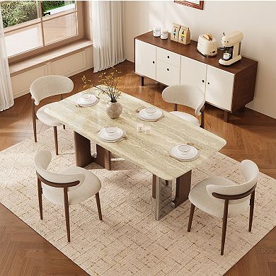 63"Cream Beige Sintered Stone Top Dining Table, Wood Metal Composite T-Leg Rectangular Dinner Table