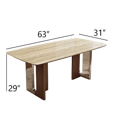 63"Cream Beige Sintered Stone Top Dining Table, Wood Metal Composite T-Leg Rectangular Dinner Table