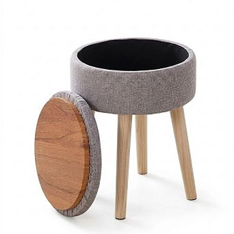 Linen Round Storage Ottoman, Padded Footstool, Wood Legs, Multi-Use