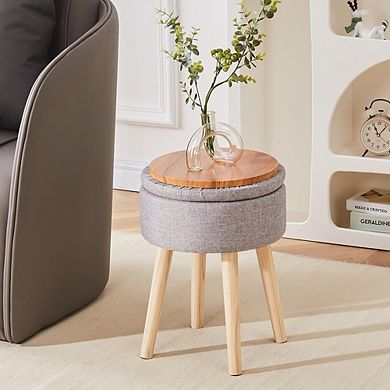 Linen Round Storage Ottoman, Padded Footstool, Wood Legs, Multi-Use