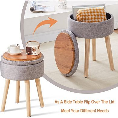 Linen Round Storage Ottoman, Padded Footstool, Wood Legs, Multi-Use