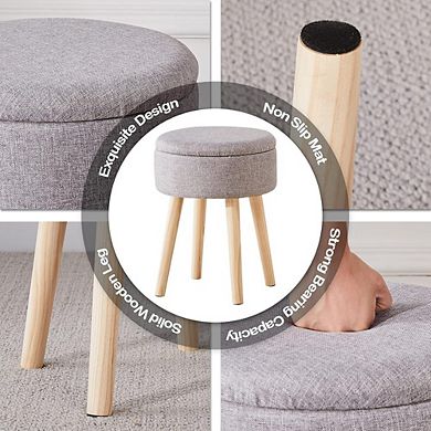 Linen Round Storage Ottoman, Padded Footstool, Wood Legs, Multi-Use