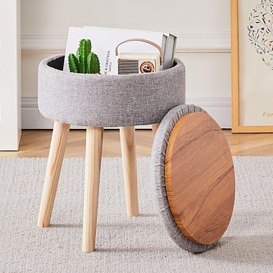 Linen Round Storage Ottoman, Padded Footstool, Wood Legs, Multi-Use