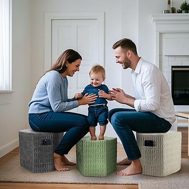 Corduroy Hexagon Pouf Ottoman Foam Footrest Storage Pockets Handle Seat