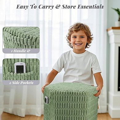 Corduroy Hexagon Pouf Ottoman Foam Footrest Storage Pockets Handle Seat