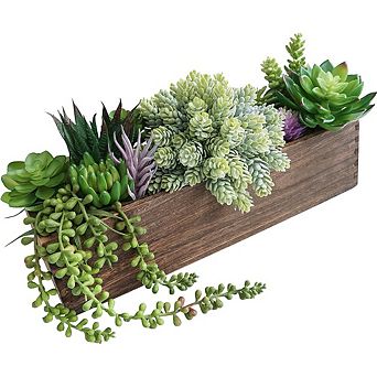 Artificial Succulent Arrangement in Wooden Planter, Faux Table Centerpiece Decor