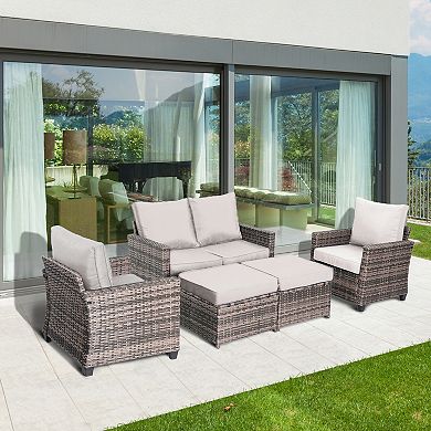 PATIOEASY 2 Wicker Rattan Patio Ottomans With Cushions For Outdoor Seating