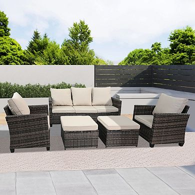 PATIOEASY 2 Wicker Rattan Patio Ottomans With Cushions For Outdoor Seating
