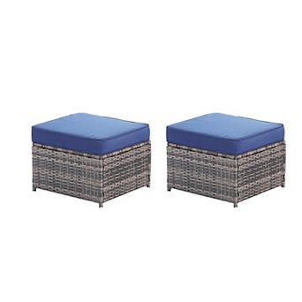 PATIOEASY 2 Wicker Rattan Patio Ottomans With Cushions For Outdoor Seating