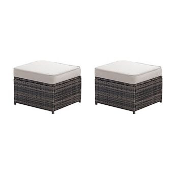 PATIOEASY 2 Wicker Rattan Patio Ottomans With Cushions For Outdoor Seating
