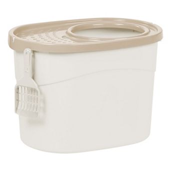 IRIS Oval Top Entry Cat Litter Box with Litter Catching Lid, Privacy Walls and Scoops, White/Beige