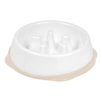 IRIS 2 cup Slow Feeder Dog Bowl for Long Snouted Pets, White/Beige