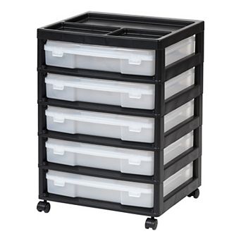 IRIS 5 Drawers Scrapbook Plastic Rolling Storage Cart with Organizer Top with Casters,Black