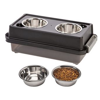 IRIS 2-in-1 Elevated Dog Bowls 6" H with Airtight Pet Food Storage Container 5 Lbs, Smoke/Black