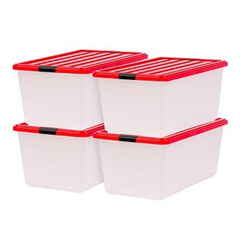IRIS 91-qt Christmas Plastic Storage Bins with Lids and Secure Latching Buckles, Clear/Red, 4 pk