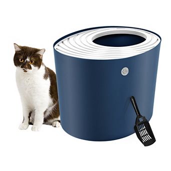 IRIS Large Stylish Round Top Entry Cat Litter Box with Scoops, Curved Kitty Litter Pan with Litter