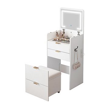 3 in 1 Fluted Small Vanity Desk Flip Top Mirror, Compact Vanity Set, Storage Stool, Drawers,Lights