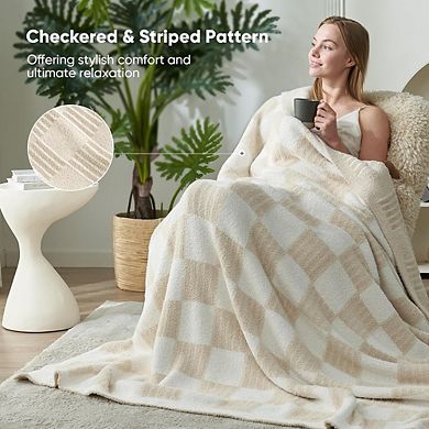 Checkered Faux Fur Throw Blanket Reversible Soft Warm Lightweight Cream
