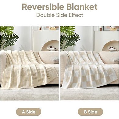 Checkered Faux Fur Throw Blanket Reversible Soft Warm Lightweight Cream